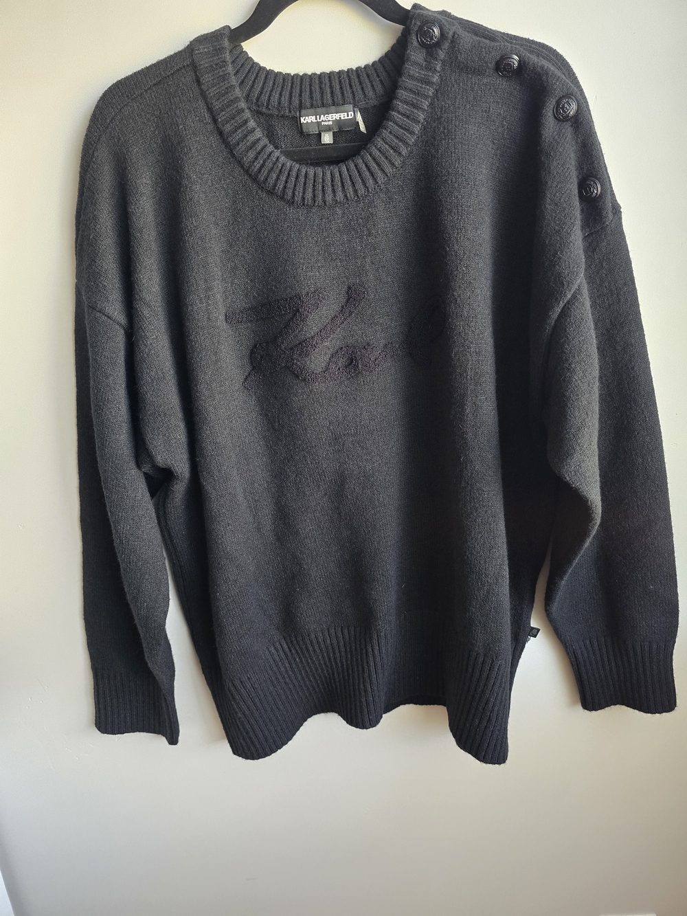 Karl Lagerfeld Men's Black Button-Shoulder Crewneck Sweater